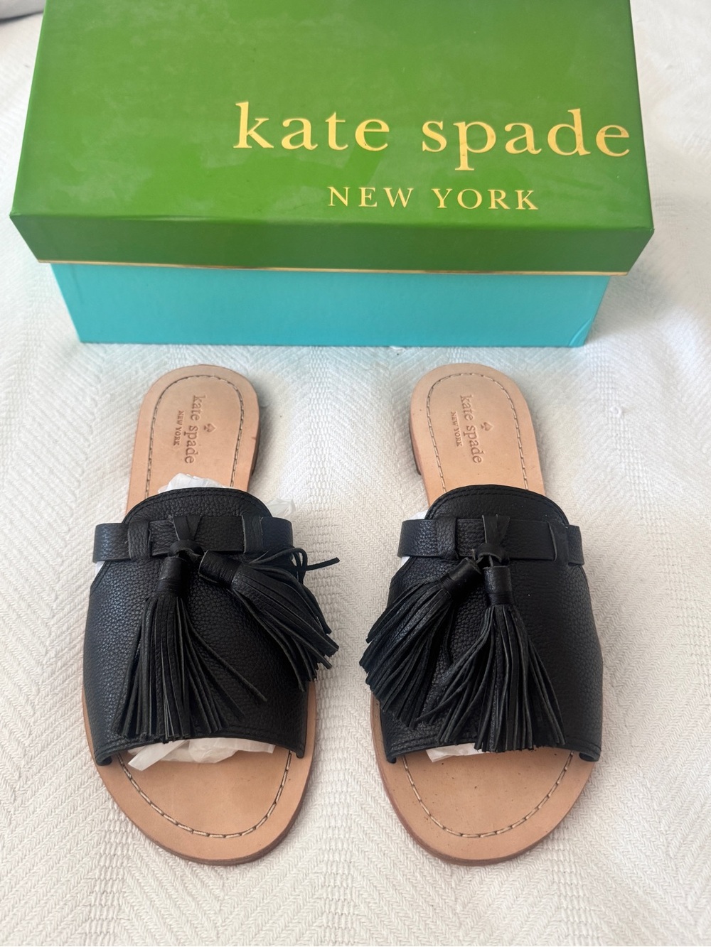 NWT kate spade Black Leather Claire Tassel Mule Slides